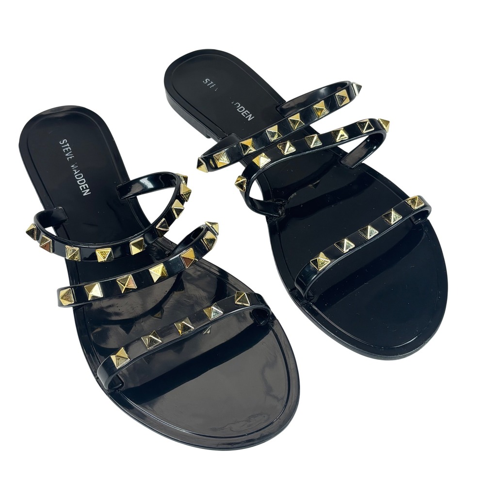 Steve Madden Skyler Studded Jelly Slide Sandals Women 8 Black Gold Strappy Edgy